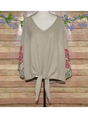 Olivia & Martin Womens Size 2X Blouse Embroidered Boho Tie Hem Neutral Brown